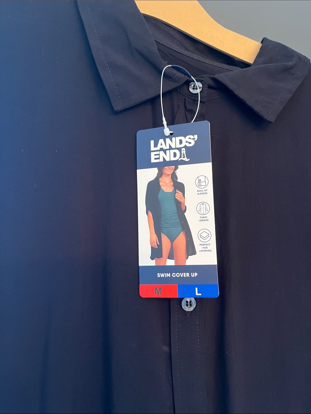 NWT Women’s Lands' End Black Long Sleeve Button-Front Tunic Swim Cover Up M/L - Picture 5 of 11